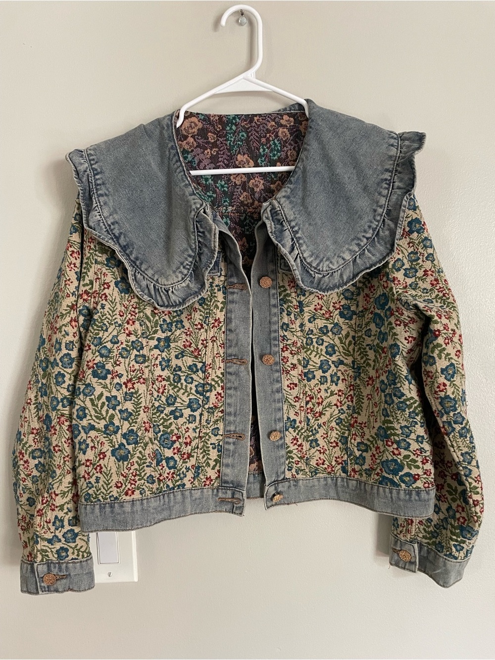 Floral Jacquard Denim Jacket with Peter Pan collar Cottagecore Sz L XL